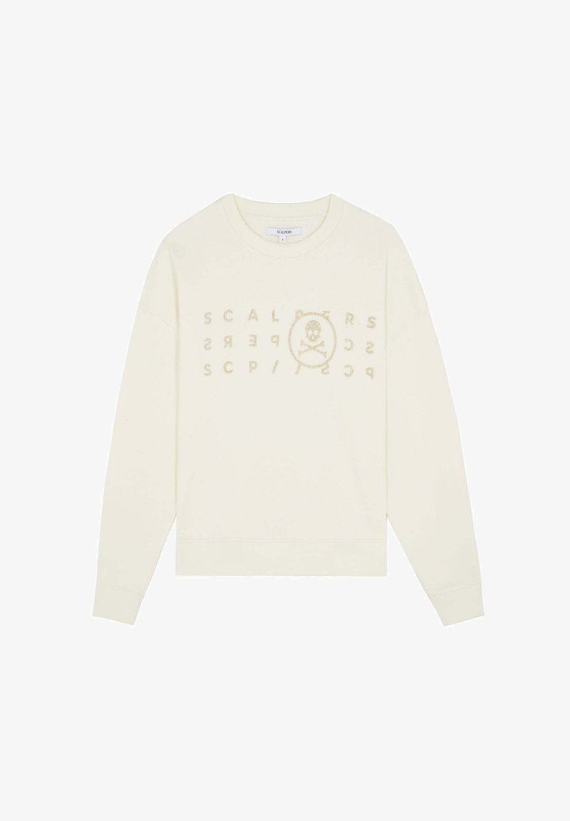 Sweatshirt crème avec un col rond, des manches longues, des poignets côtelés et un graphique à l'avant comportant du texte et une tête de mort dans un cercle.