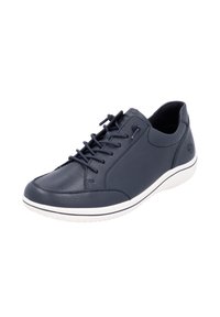 Dunkelblaue Leder-Sneaker mit texturierter Oberflächenbeschaffenheit, Schnürdesign, kontrastierender weißer Sohle und dezentem Logo-Detail an der Seite.