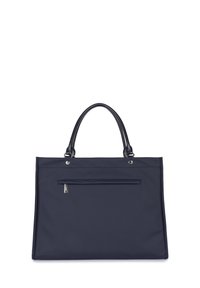 Borsa a mano in tessuto blu navy con due manici in pelle nera, una tasca con zip sul fronte e dettagli in metallo argentato. Forma rettangolare, texture liscia.