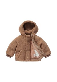 Leichte braune Fleecejacke für Kinder mit Kapuze, kleinen orangefarbenen Blumenmustern, seitlichen Taschen und teilweise geöffnetem Vorderteil, das das Innenfutter und das Etikett zeigt.