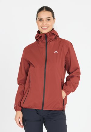 Red lightweight jacket with a hood, full front zipper, elastic cuffs, and two side pockets. Features a small logo on the chest.