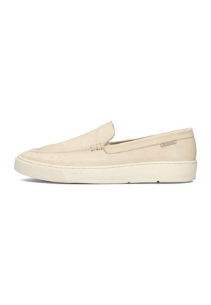 Beige Slipper aus weichem Wildleder mit minimalistischem Design, runder Zehenpartie und einer strukturierten Gummisohle mit dezentem Logo-Detail.