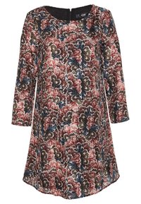 Long-sleeve dress featuring a floral pattern in red, blue, and green hues. Smooth fabric with a round neckline and slightly flared hem.