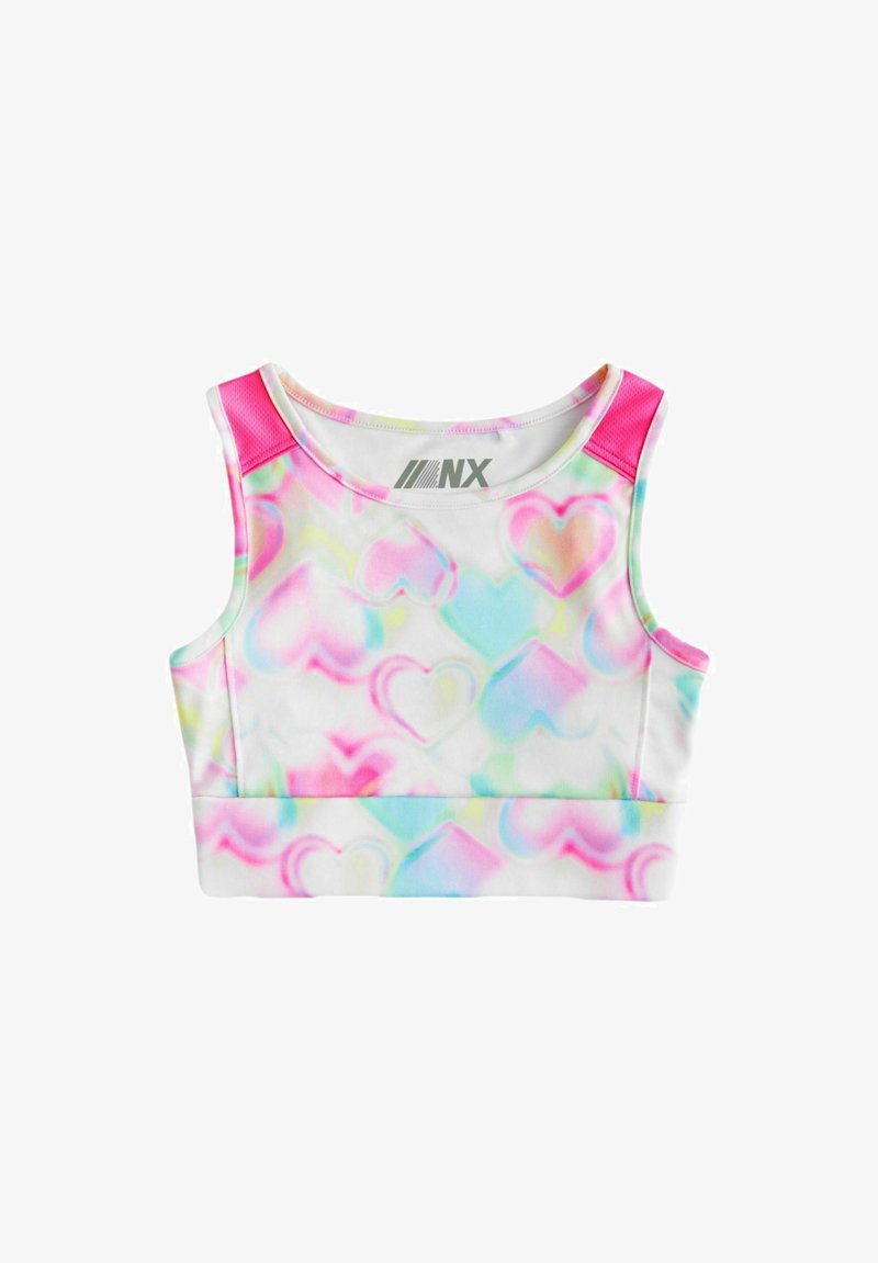 Farbenfrohes Sport BH mit einem Herzmuster in pastelligen Tönen von Pink, Blau und Grün. Er hat pinke Akzente an den Schultern und eine enganliegende Passform.