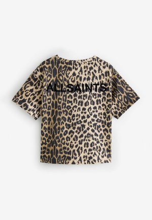 T-shirt à manches courtes imprimé léopard dans des nuances de beige et noir, présentant un audacieux logo "ALLSAINTS" dans le dos. Matière en coton.