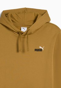 Felpa in cotone marrone con tasca a canguro, cappuccio con cordino e logo Puma ricamato in bianco e nero sul petto. Design semplice.
