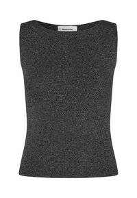 Glitrende sort ærmeløs top med rund halsudskæring. Glat overflade med en tætsiddende design, lavet af et blødt, strækbart materiale.