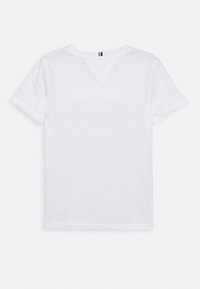 White short-sleeve t-shirt made from cotton. Features a crew neck with a small triangular insert at the back and minimal stitching details.