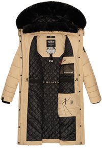 Beige puffer coat with a detachable black faux fur hood, featuring a quilted black lining and multiple inside pockets for storage.