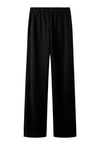 Pantalon large noir avec une taille élastique. Fabriqué en tissu lisse et léger. Aucune couture ni poche visibles.