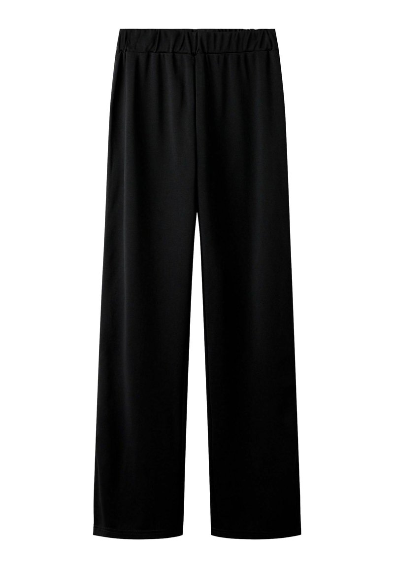 Pantalon large noir avec une taille élastique. Fabriqué en tissu lisse et léger. Aucune couture ni poche visibles.