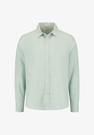 Svijetlozelena majica dugih rukava od mekog materijala, s klasičnom kragnom, prednjim gumbima i zaobljenim rubom.