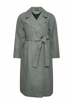 Grauer Wollmischung-Trenchcoat mit tailliertem Schnitt, Reverskragen und langen Ärmeln. Verfügt über eine glatte Textur und ein lässiges Design.