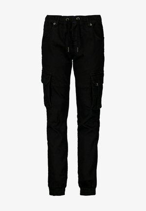 Zwarte cargobroek in een relaxte fit, met zijzakken, elastische boorden en een tailleband met trekkoord. Gemaakt van duurzaam materiaal.