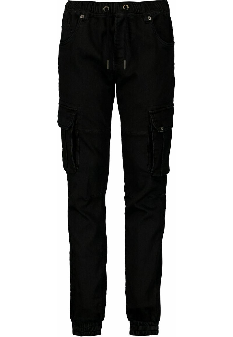 Zwarte cargobroek in een relaxte fit, met zijzakken, elastische boorden en een tailleband met trekkoord. Gemaakt van duurzaam materiaal.