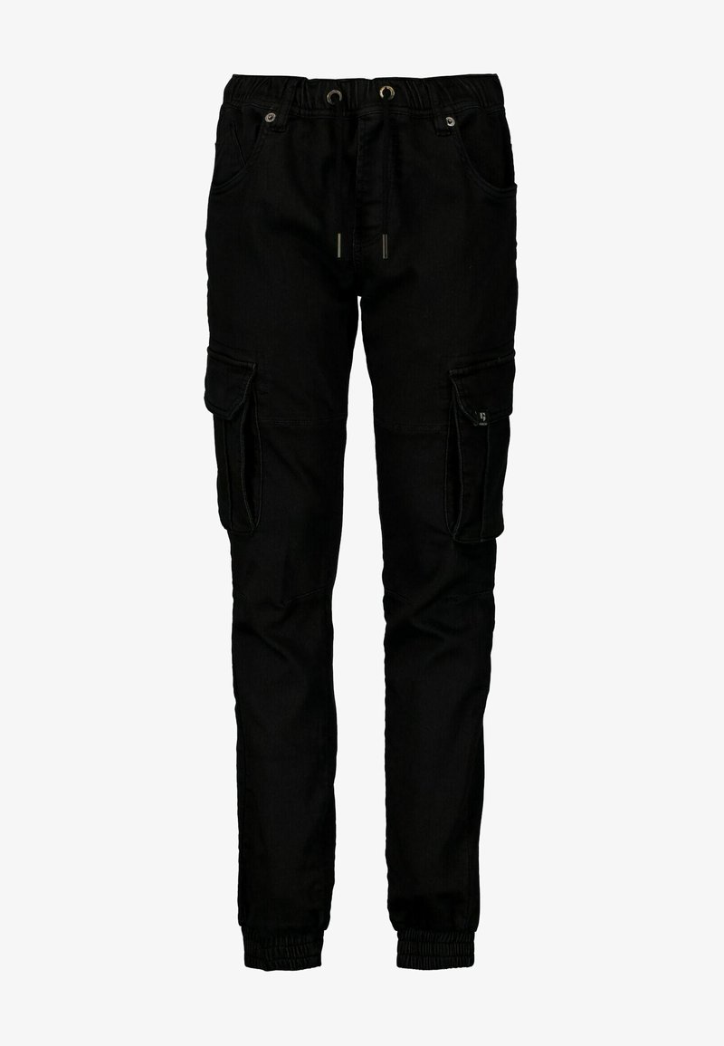 Zwarte cargobroek in een relaxte fit, met zijzakken, elastische boorden en een tailleband met trekkoord. Gemaakt van duurzaam materiaal.