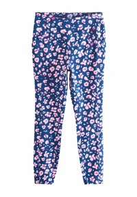 Leggings gemaakt van rekbare stof met een marineblauwe achtergrond en roze en witte bloemenpatronen, en een elastische tailleband.