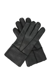 Gants en cuir noir avec une texture lisse, design à cinq doigts et accents cousus. Le poignet est doux, assorti au matériau des gants.