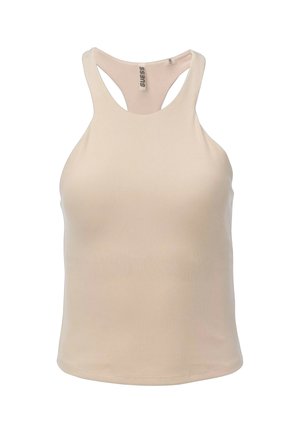Canotta smanicata beige a coste con schiena a racerback, scollo rotondo e etichetta del marchio Guess all'interno del colletto, taglia piccola.