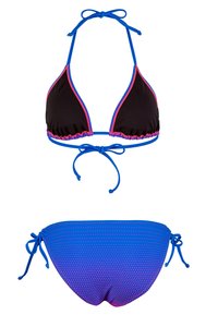 Twee-delige bikini met zwarte driehoekige top afgewerkt met roze en blauwe touwtjes, blauwe onderkant met roze stippen en zij-touwtjes.