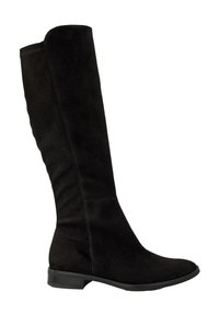 Botas de ante negras hasta la rodilla con forma ajustada, textura suave y un tacón bajo negro. Detalles de costura a lo largo de los lados.