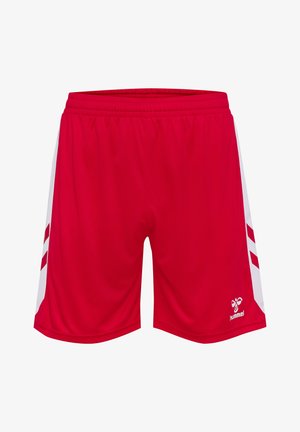 Rode sportbroekjes gemaakt van gladde stof, met witte zijpanelen met rode accenten en een klein logo vlak bij de zoom. Inclusief elastische tailleband.