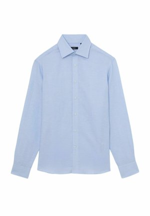 Világoskék hosszú ujjú ing, gombos gallérral, texturált anyagból készült. Egyenes szegéllyel és hat elöl lévő gombbal rendelkezik.