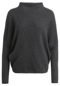 Dark gray ribbed sweater with a high neck, asymmetrical design, and drop shoulder sleeves, featuring a textured, soft knit material.