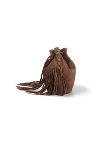 Borsa a secchiello in suede marrone con dettagli in frange, texture morbida, forma arrotondata e chiusura con coulisse dotata di accenti metallici.