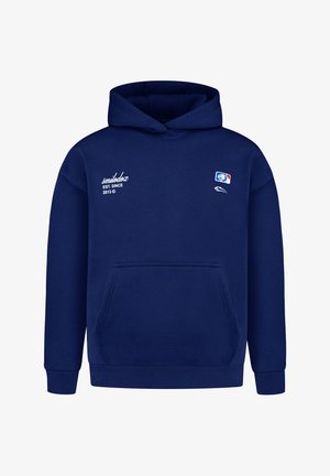 Marineblauwe hoodie met een voorzak, witte tekst "smildox EST. SINDS 2013" op de linkerborst en een klein rood-wit-blauw logo op de rechterborst.