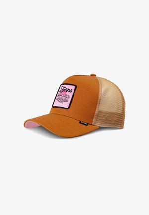 Brown cap with a pink and black patch featuring mountain graphics. Mesh sides, curved brim, and logo tag on the side. Soft fabric texture.