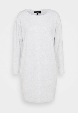 Grau, langärmliges Kleid aus weichem Material. Runde Ausschnitt, lockere Passform und Schlitze an den Seiten des Saums für eine bessere Bewegungsfreiheit.