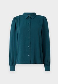 Teal overhemd met kraag, lange opbollende mouwen en een gestructureerde stof. Beschikt over grote bijpassende knopen aan de voorkant.