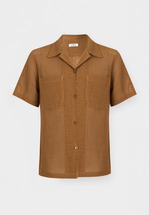 Brown short-sleeve button-up shirt with open-weave texture, two front chest pockets, and a pointed collar.
