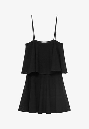 Svart klänning med tunna band, lagerdesign, textilerad tyg och en utsvängd kjol. Längd ovan knä med en avslappnad passform.