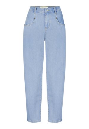 Jeans in denim blu chiaro a vita alta con tasche frontali, passanti per cintura, chiusura con bottoni e gambe affusolate.