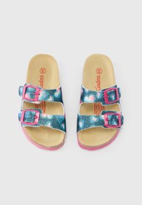 Kaks sinise ja roosa sädelevate mustritega liugjalatsit, millel on kaks reguleeritavat roosat pandlat ning kergest pruunist tallast jalatsi sisemuses.