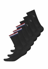 Schwarze Baumwollsocken im Set von fünf, mit gerippten Bündchen in Rot und Blau. Jedes Paar hat ein dezentes Logo. Angenehme Textur, Knöchellänge.