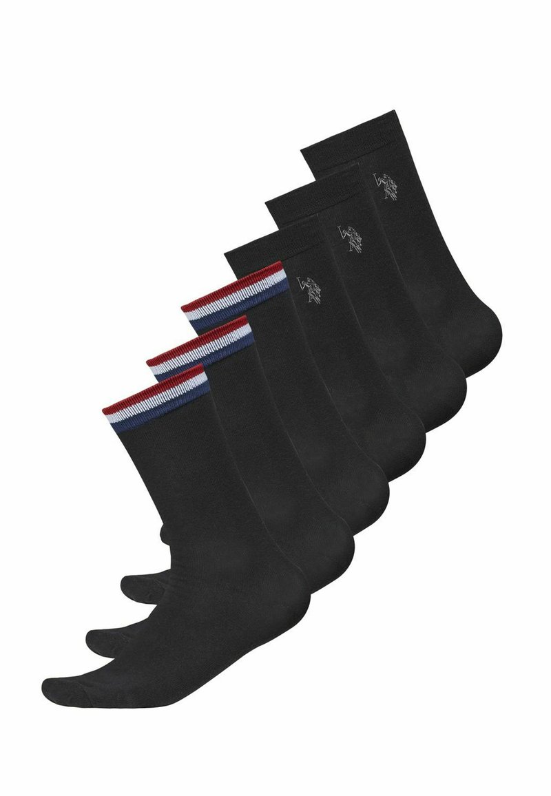 Schwarze Baumwollsocken im Set von fünf, mit gerippten Bündchen in Rot und Blau. Jedes Paar hat ein dezentes Logo. Angenehme Textur, Knöchellänge.