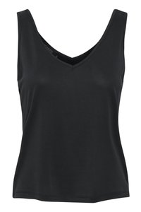 Haut sans manches noir en tissu doux et lisse. Doté d'un décolleté en V et d'une coupe globale ample, avec des bords nets et sans matériel visible.