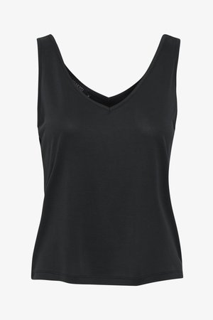 Sort ærmeløs top i et glat, blødt stof. Har en V-halsudskæring og en overordnet løs pasform, med rene kanter og ingen synlig hardware.
