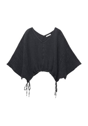 Zwart cropped top met een V-hals, losse mouwen, gestructureerde stof, knoopdetail aan de voorkant en verstelbare touwtjes aan de onderkant.