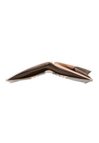 Wallet made of textured gray leather with a metallic accent, featuring multiple compartments and a fold-over design for secure storage.