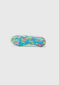 Multicolored athletic shoe sole with a swirl pattern in blue, pink, green, and yellow. Textured, rubber material with protruding studs.