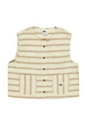Mouwloos overhemdvest met beige en lichtbruine horizontale strepen, twee zakken aan de voorkant en een klein logopatch op de rechterzak.