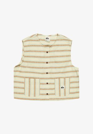 Mouwloos overhemdvest met beige en lichtbruine horizontale strepen, twee zakken aan de voorkant en een klein logopatch op de rechterzak.