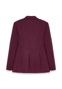 Burgundiškai pritaikytas švarkas su struktūrine siluetu, aštriais apykaklėmis ir subtiliais siūlių akcentais. Pagamintas iš tekstūruotos medžiagos su lygia apdaila.