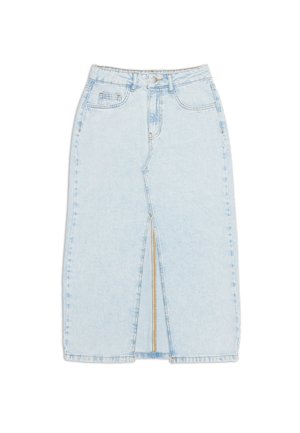 Light blue denim skirt with a front slit, high waist, and zipper detail. Features classic pockets and stitched seams.