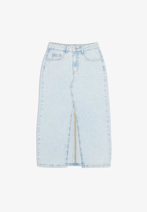 Svetlomodrá rifľová sukňa s predným rozparkom, vysokým pásom a detailom na zips. Obsahuje klasické vrecká a šité švy.