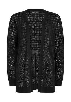 Black open-front knit cardigan with long sleeves, featuring intricate geometric lace patterns throughout the fabric.